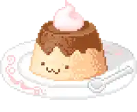 a pixel art drawing of a pudding with whipped cream on top on a white plate