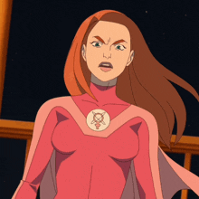 a woman in a pink female superhero costume has a female symbol on her chest