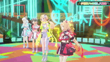 a group of anime girls are standing in front of a neon sign that says ' tokyo '