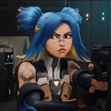 a cartoon girl with blue hair is holding a gun in her hand .