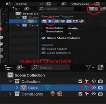 a screen shot of a program that says make stuff unselectable at the top