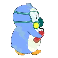 a cartoon penguin wearing a gas mask and holding a red fire extinguisher