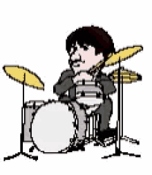 a cartoon of a man playing a drum set on a stage .