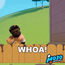 a cartoon character behind a wooden fence with the words whoa written on it
