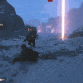 a screenshot of a video game shows a person in the middle of a snowy area with a red light coming out of the sky