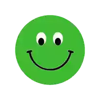 a green circle with a black smiley face with white eyes