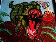 a painting of a green dinosaur with its mouth open