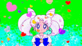 a cartoon of a girl with white hair and hearts around her