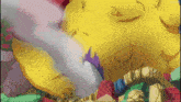 a cartoon drawing of a giant yellow monster with a purple tail
