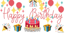 happy birthday happh with a cake and gifts
