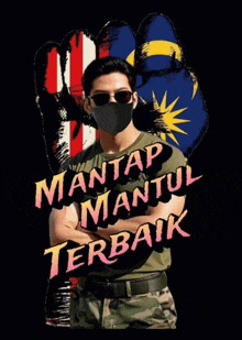 a man wearing a mask with the words mantap mantul terbaik