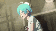 a girl with blue hair and a white shirt has a halo around her head