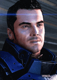 a close up of a man 's face wearing a blue armor