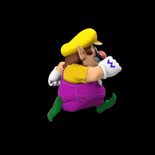 a cartoon character wearing a yellow hat and purple overalls