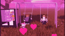 a couple of people sitting on swings in a field with pink hearts surrounding them