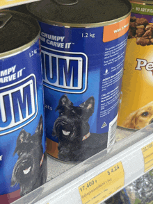 two cans of jum are on a shelf with a dog on them