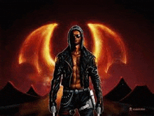 a man in a hooded jacket is holding a gun in front of a fire .