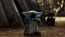 a baby yoda is standing on a dirt path holding a cup of coffee .