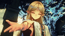 a girl with a crown on her head is reaching out her hand in a video game