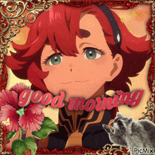 a picture of a girl holding a flower with the words good morning on it