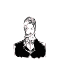 a black and white drawing of a man in a suit covering his face with his hand .