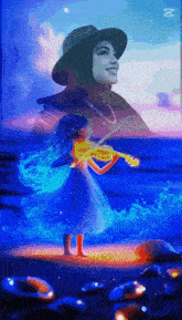 a painting of a girl playing a violin in front of the ocean