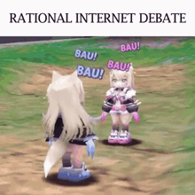 two anime girls are standing next to each other in a field and talking .