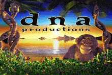 an ad for dna productions with a chimpanzee in the foreground