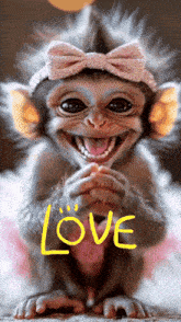 a baby monkey with a pink bow on its head and the word love written on it