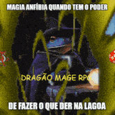 a picture of a frog in a wizard 's hat with magia anfibia quando tem o poder written on it