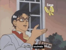 a cartoon of a man holding a book with a butterfly flying in the background and the words " saga " on the bottom