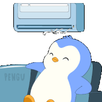 a penguin is sitting on a couch under an air conditioner that says pengu on it
