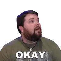 a man with a beard wearing a green shirt that says okay