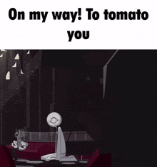 a man in a black cape is standing next to a tomato that says " on my way "