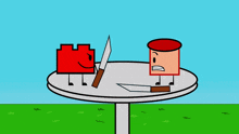 a cartoon character with a red hat is laying on the grass next to an orange block