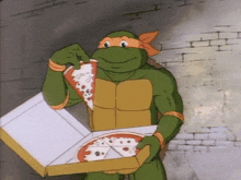 a teenage mutant ninja turtle is eating a slice of pizza from a pizza box
