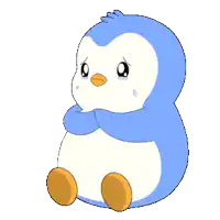 a blue and white penguin is crying and hugging itself