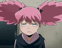 a girl with pink hair is making a funny face with her eyes closed