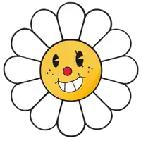 a cartoon drawing of a flower with a yellow face and red nose