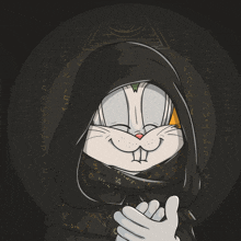 a cartoon of bugs bunny wearing a black hooded robe