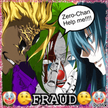 a picture of two anime characters with a speech bubble that says " zero-chan help me "
