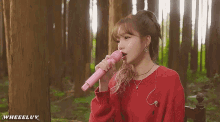a woman in a red sweater is singing into a pink microphone .