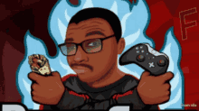 a man holding a video game controller and a burrito