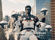 a man juggling balls with the words go my four dark devas of destruction on the bottom