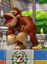 a cartoon gorilla is standing on a block with the number 2 on it
