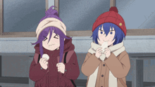 two anime girls are standing next to each other and one is wearing a scarf around her neck