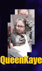 a poster for queen kaye shows a woman in a black jacket and glasses