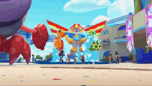 a group of cartoon characters standing in front of a building with a giant robot in the background
