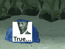 a blue sponge with a picture of a man on it that says true