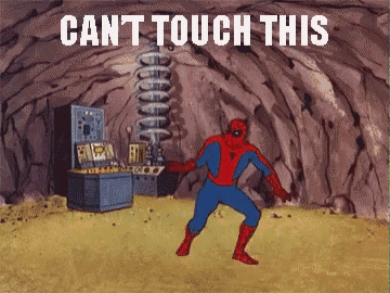a cartoon of spider-man in a cave with the words can 't touch this